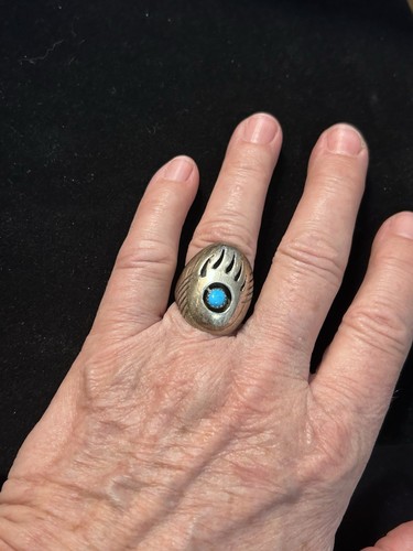 VNT Navajo Bear Paw Claw Turquoise Sterling Silver Men's Ring size 9 Signed P - Picture 2 of 8