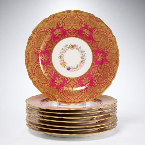 Wm Guerin Limoges Cranberry Gold Gilt Hand Painted Dinner Plates 8 pc Lot 11"dia