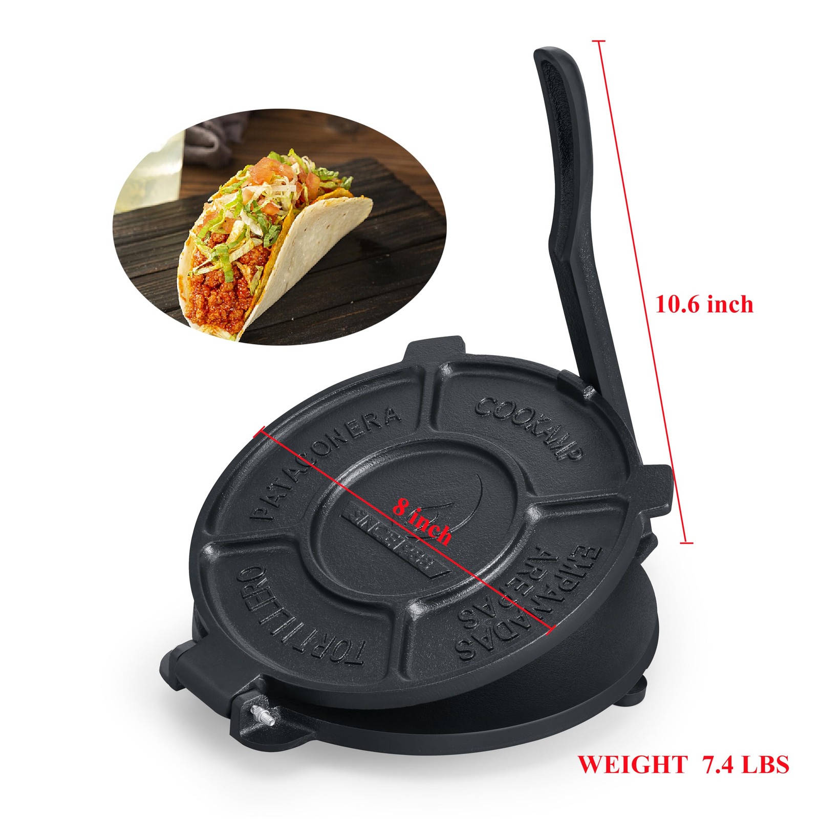 COOKAMP 8 Inch Cast Iron Tortilla Press,Tortilla Maker,Heavy Duty Tortillera ...