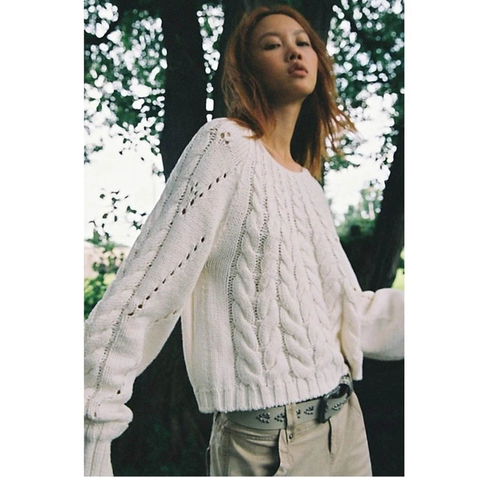 Suéter Suéter Free People Grueso Tejido con Cable Sandre Marfil XL Preppy Clásico Foto 3 de 4