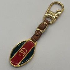 Vintage GUCCI Wood Keychain Double Ring Gold Tone Key Holder Italy