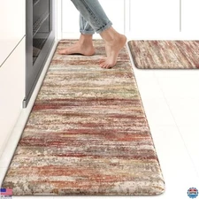 KIMODE Anti-Fatigue Kitchen Mats Set of 2 Non-Slip Rugs Red Brown 17"x47" &