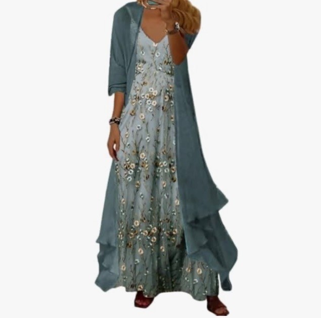 Aqua Floral Maxi Dress 2 Piece XL Blue Teal Brown Neutral Chiffon Shawl  NWOT | eBay
