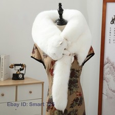 Women's Real Whole Pelt White Fox Fur Shawl Long Scarf Cape Wrap Fur Collar