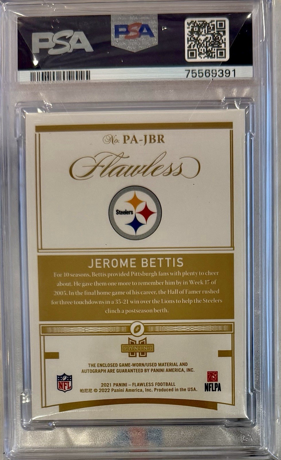 2021 Panini Flawless Jerome Bettis Game Used Patch Auto /15 PSA 9 Steelers view 2