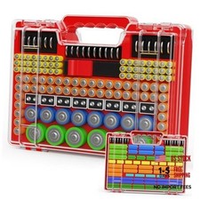 Battery Organizer Storage Holder Box Case with Tester, Stores  Protects Up Red
