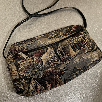 Quebec Scenic Tapestry Multicolor Shoulder Bag w Zipper Black Strap