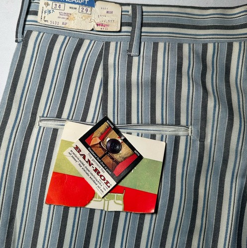 Men’s Vintage Towncraft Polyester Rayon Blue White Striped Flare Pants Retro - Picture 4 of 11