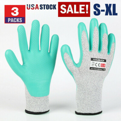 HAUSHOF 3 Pairs Latex Coated Cut Resistant Gloves 5 Cut Resistant S/M/L/XL Level