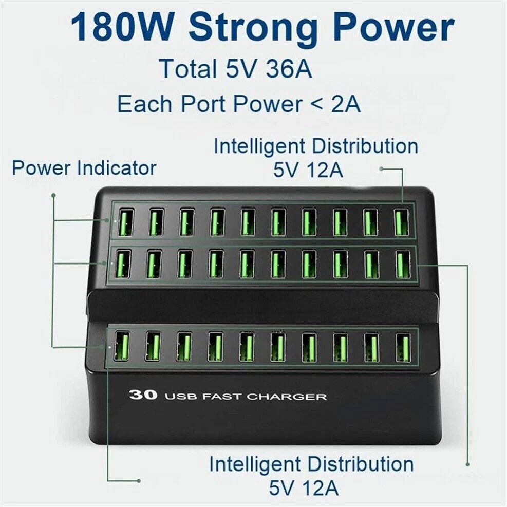 180W 30-Port Multi USB Hub Charger Adapter Phone Fast Wall Charging Dock Station