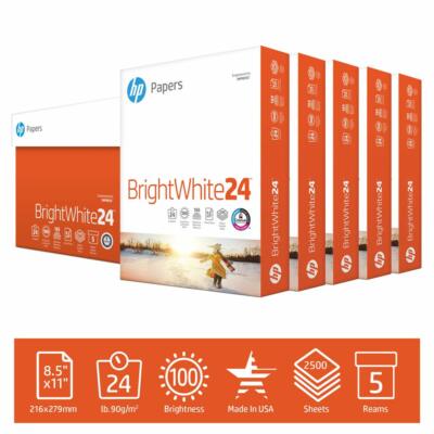 HP Printer Paper BrightWhite 24lb, 8.5x11, 100 Bright, 5 Ream Case, 2,500 Sheets