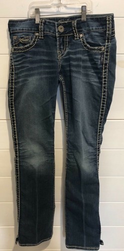 SILVER MCKENZIE SLIM BOOTCUT JEANS SIZE 28 LOW RISE TOP STITCHING FLAP POCKETS