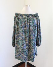 Asos Green Paisley Print Off Shoulder Swing Shift Dress Size 6 Casual