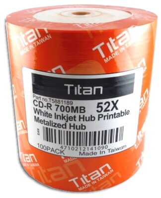 100-Pak TITAN White Inkjet Hub Printable 52X 80-Min CD-R's