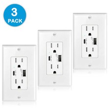 3Pack 4.2A USB Type C Wall Outlet Receptacle 15Amp 125Volt w/Wall Plate UL White