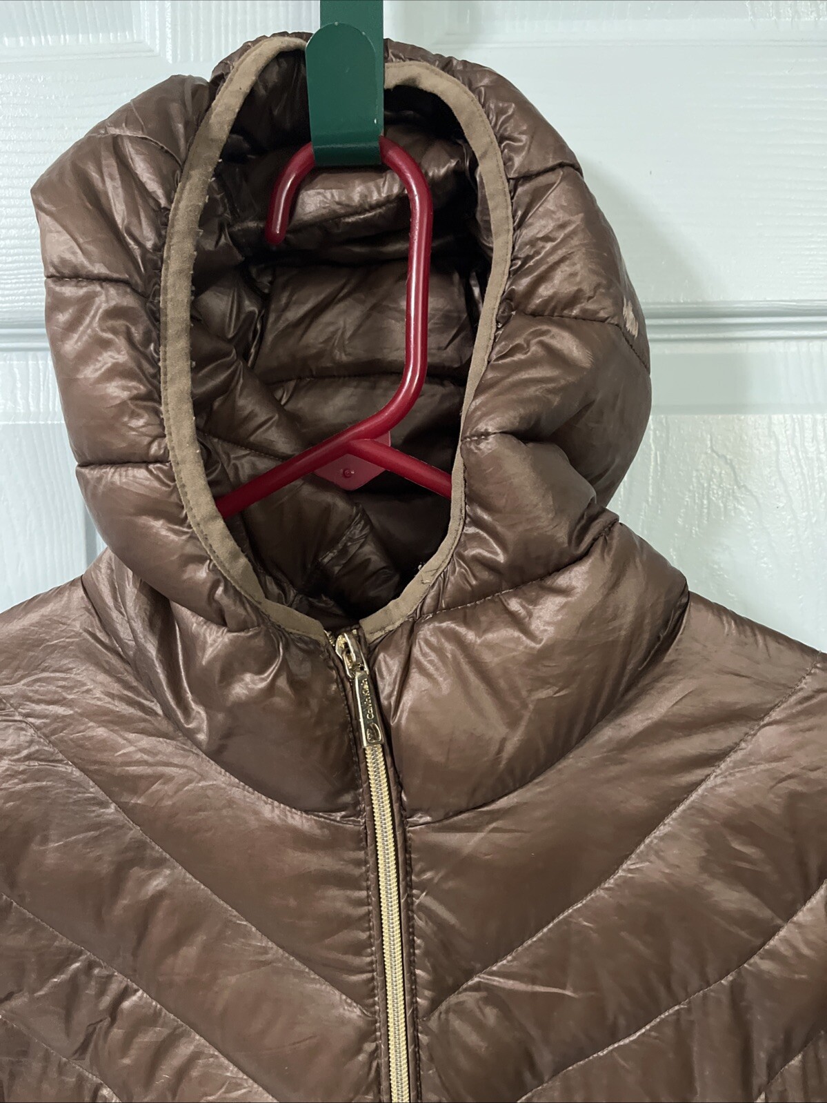 Calvin Klein Packable Lightweight Premium Down Women’s Hooded Jacket Sz. S Brown thumbnail 2