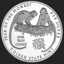 1 oz Year of the Monkey Silver Round .999 Fine Bullion 88.89 per troy oz