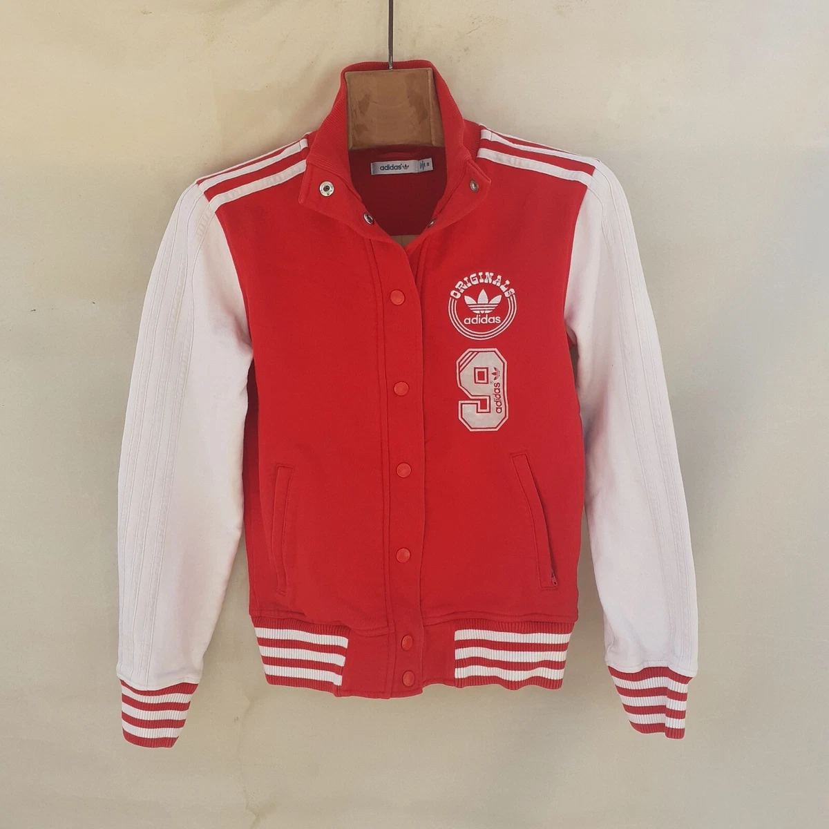 adidas Originals Varsity Jacket Women s Size 10 Medium Red White Chest Logo
