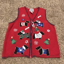 Heirloom Collection Womens M Red Vest Christmas Dogs Ramie A46