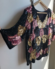 Vintage 70s Does 20s 30s Top Art Deco Disco Sequins Glam Silk Rayon Oversized L