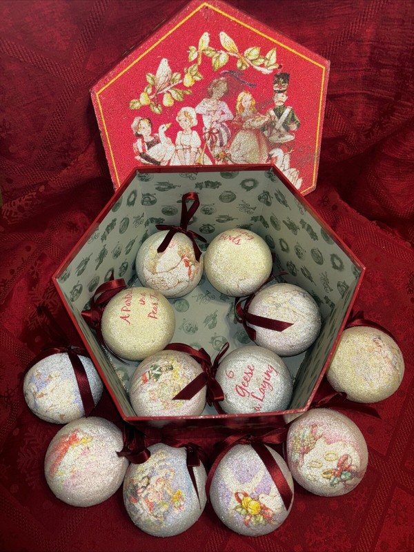 Vintage 12 Days of Christmas Sugar Ball Ornaments in Decorative Hexagon Box