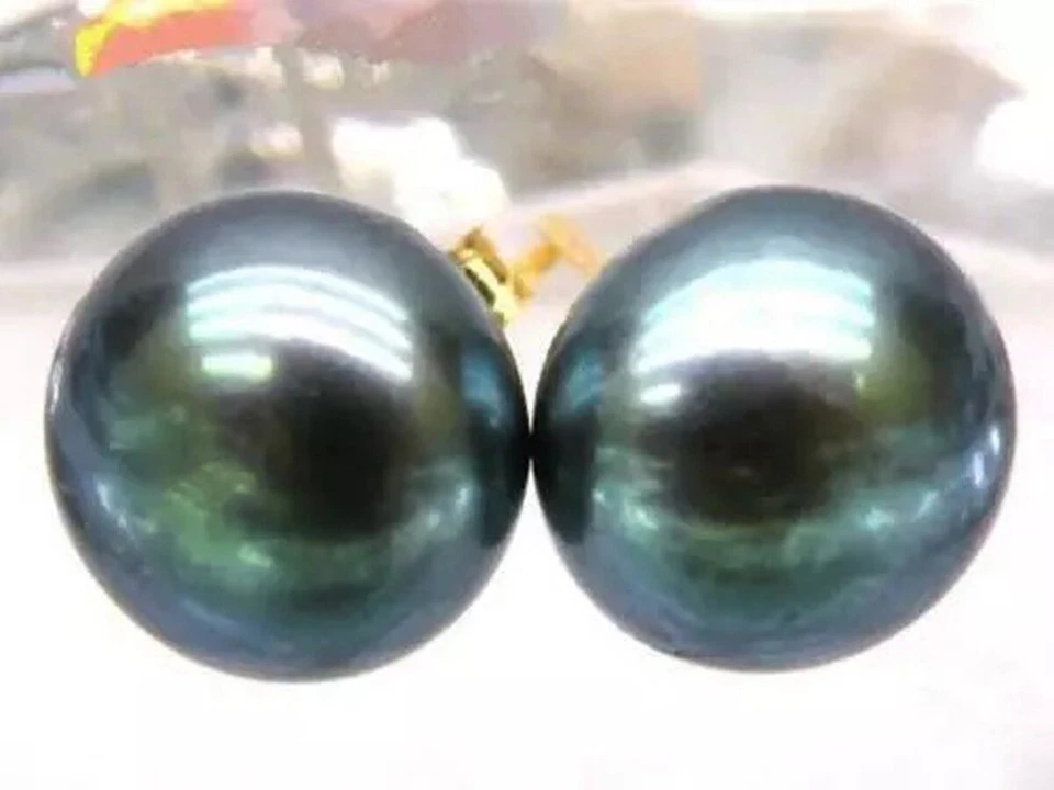 Aretes de perlas verdes negras reales AAA de Tahití de 8-9 mm de oro amarillo de 14 K Foto 2 de 4