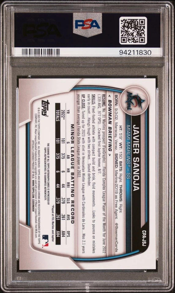 2023 Bowman Chrome HTA Choice Auto Javier Sanoja /150 PSA 10 - Image 2 of 2