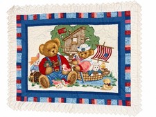 Vintage 90s Teddy Bear Picnic Baby Quilt 33x41 Prairie Points Handmade Baby