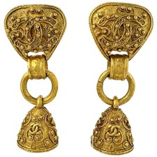 Chanel Coco Mark Bell Swing Earrings Gold Plated Vintage Used