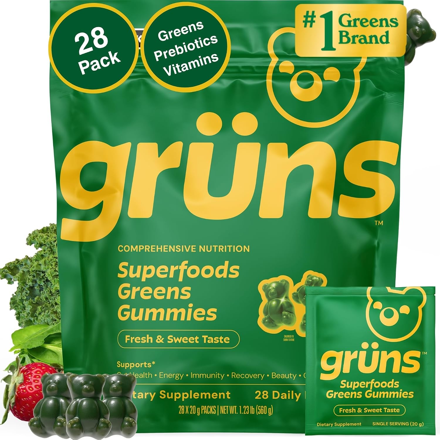 Gruns Adult Super Greens Multivitamin Gummies, Superfood Gummy Vitamins for Wo