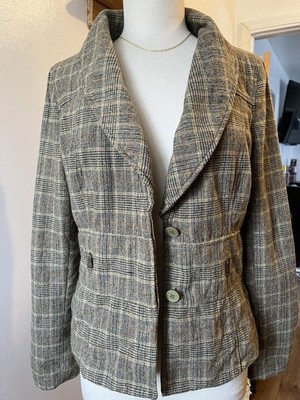 Arden B. Plaid Wool Blend Blazer Jacket Brown Gray Tailored Size L
