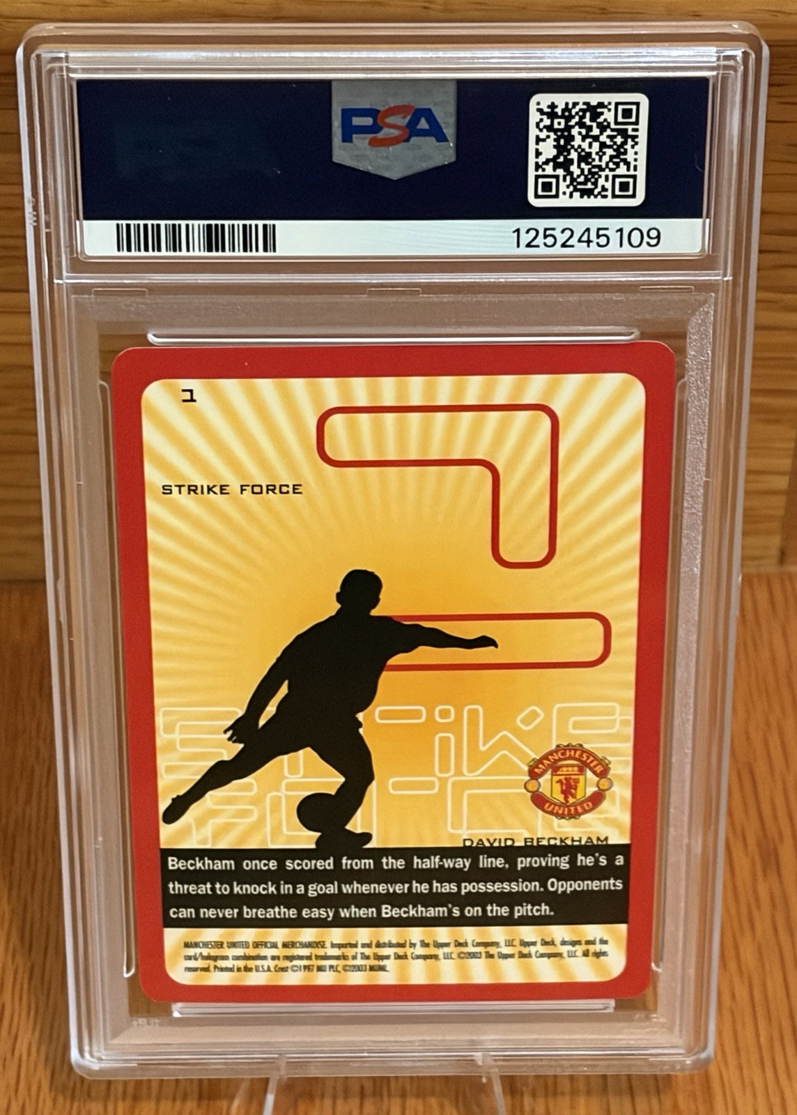 2003 Upper Deck David Beckham Strike Force #1 PSA 9 Manchester United HOF view 2