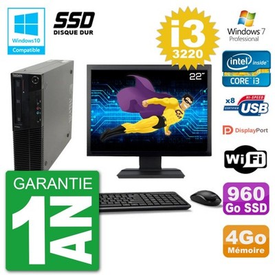 PC LENOVO M82 SFF Bildschirm 22 '' i3-3220 RAM 4Go SSD 960Go Dvd-Brenner Wifi W7