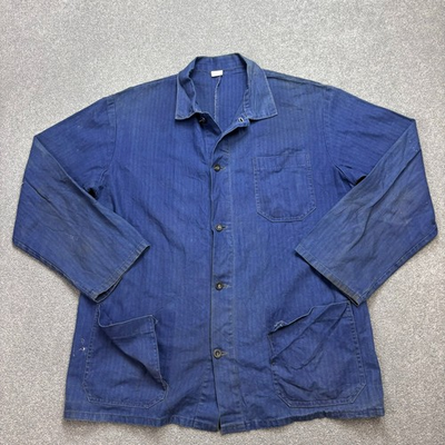 #ad French Jacket Adult Medium Blue VTG Work Wear Herringbone Chore Distressed Men GBP 26.00