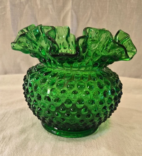Vintage Fenton Emerald Green Hobnail Ruffled Edge Large Rose Bowl Vase 5.5x6.5