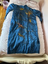 Vintage Chinese Silk Dragon Embroidered Robe Pajama Set c1960 Blue