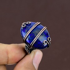 Lapis Lazuli Gemstone Handmade Copper Wire Wrap Jewelry Ring Size 5.5 Y029