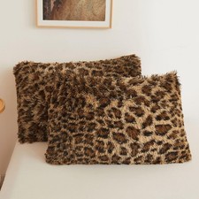 Cheetah Print Faux Fur Fluffy Pillowcases, Set of 2, King, Brown