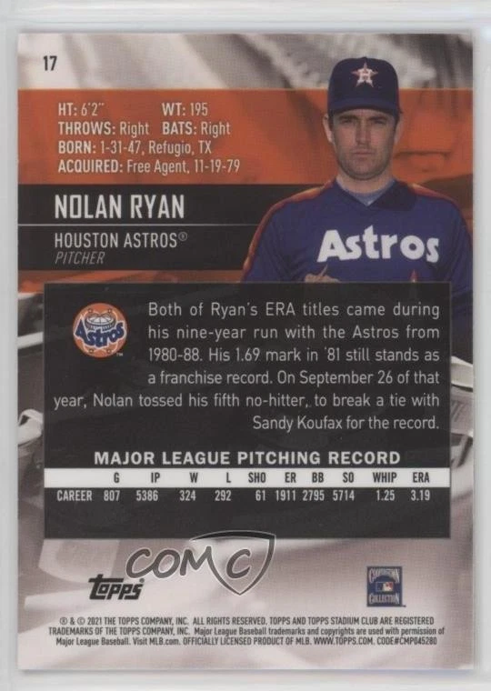2021 Topps Stadium Club Chrome Gold Minted Nolan Ryan #17 HOF - Image 2 of 2