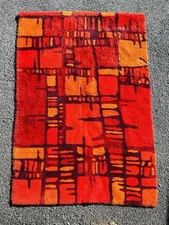 Danish Scandinavian Mid Century Modern Rya Shag Rug In Reds Oranges 6.5' X 4.5"