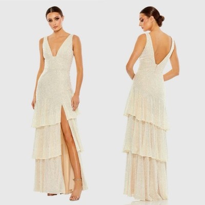 IEENA FOR MAC DUGGAL Beige Sequin Asymmetrical Ruffle Tiered Gown Size 8