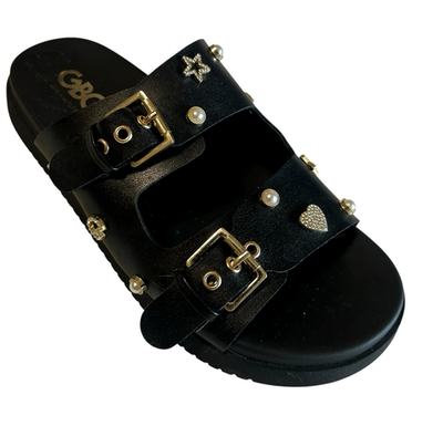 #ad GBG GG Juliana T Rhinestone Pearl Double Strap Black Platform Slide Sandals 8M $16.22