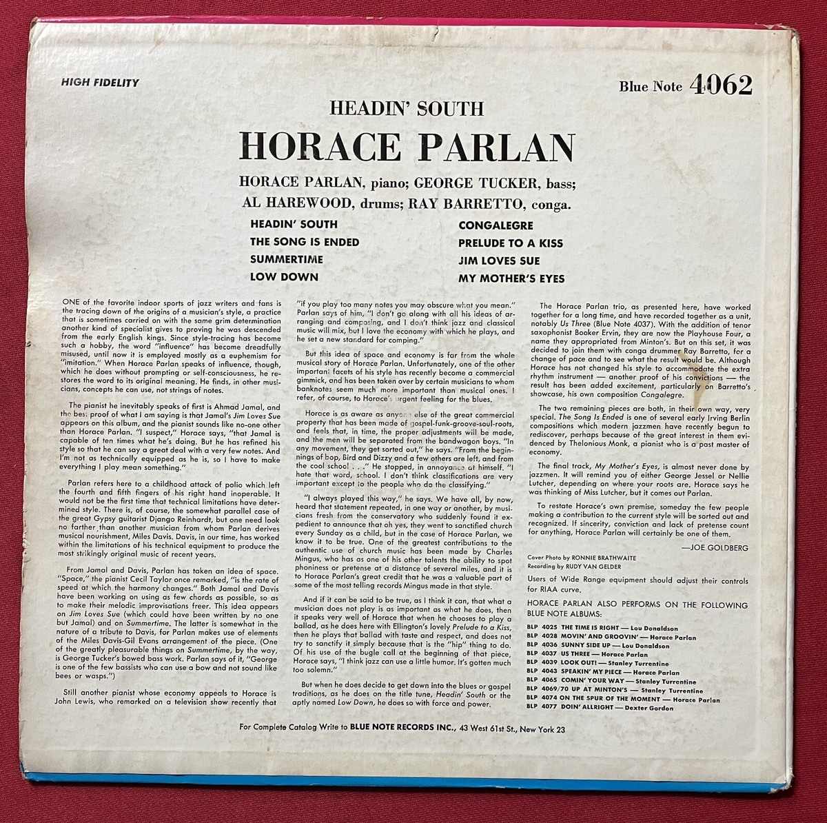 HORACE PARLAN~HEADIN' SOUTH LP (1962) MONO BLUE NOTE BLP 4062 RVG