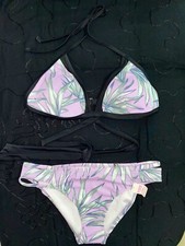 VS PINK Violet Palm Mesh Halter Wrap Triangle Top Banded Bikini Bottom NIP/NWT