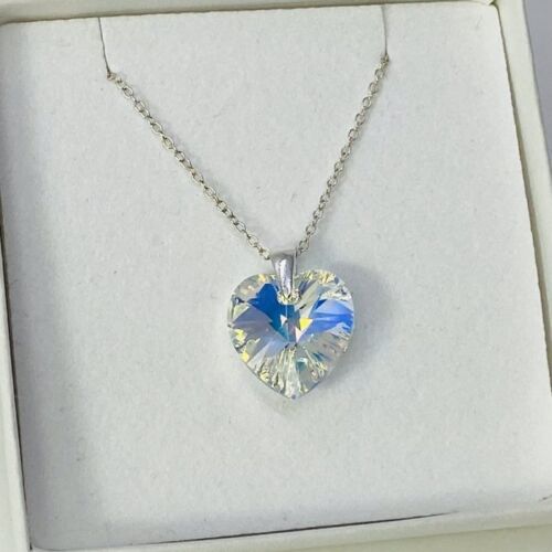 925 Silver Heart Pendant Necklace AB Sparkly Gift Made With Austrian Crystals - Picture 1 of 9