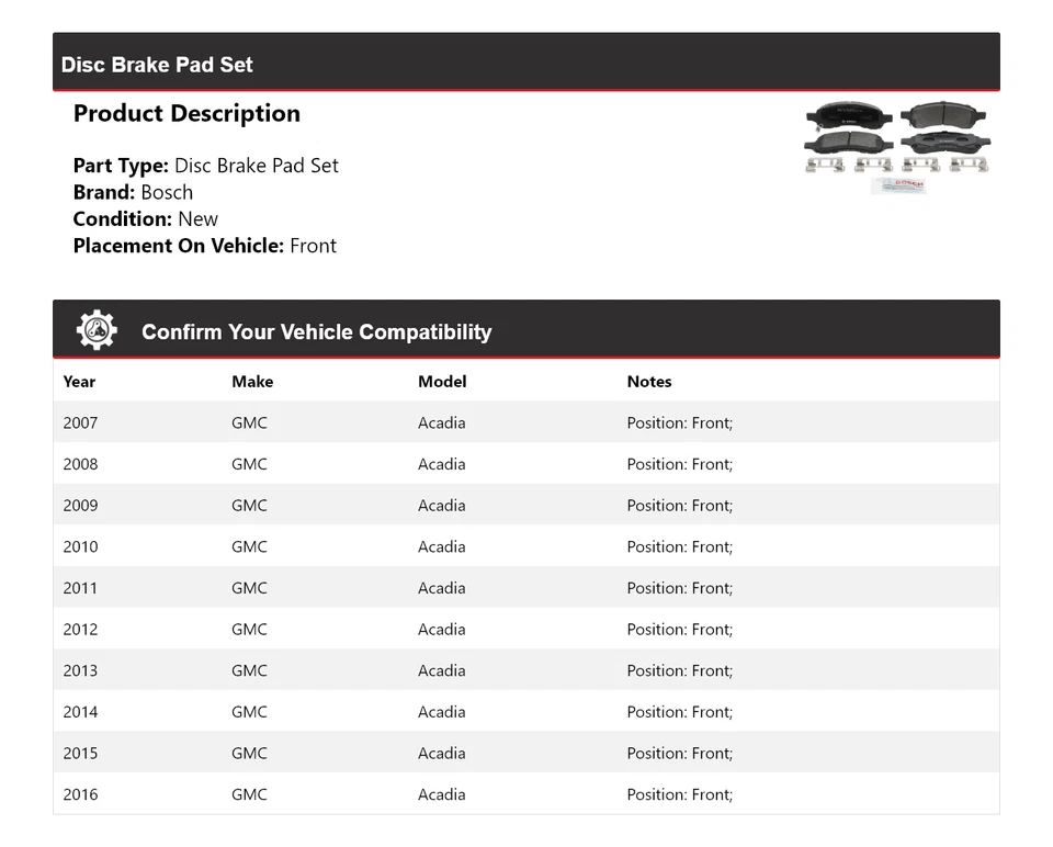 Pastilhas de freio dianteiras 2008 semi-metálicas GMC Acadia Bosch QuietCast 2007-2016 - Imagem 2 de 4