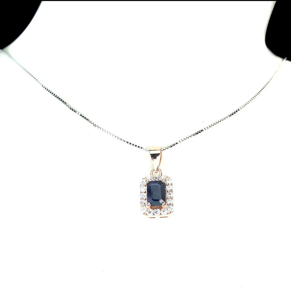 925 Sterling Silver Necklace Octagon Blue Sapphire 6x4mm Gemstone Jewelry - Image 2 of 4