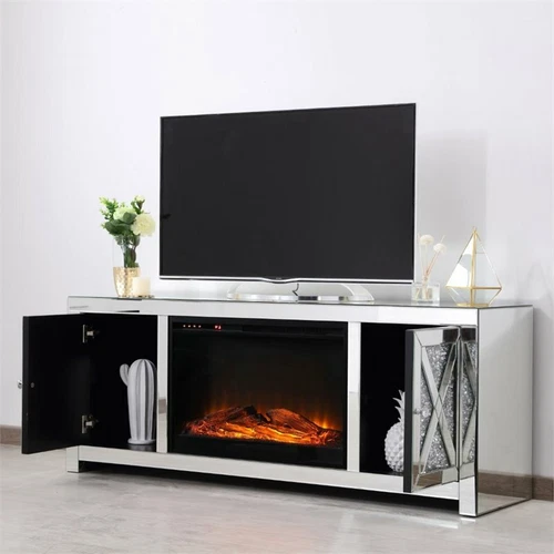 Elegant Decor Modern 59" Clear Silver Mirrored Faux Log Fireplace TV Stand - Picture 7 of 10