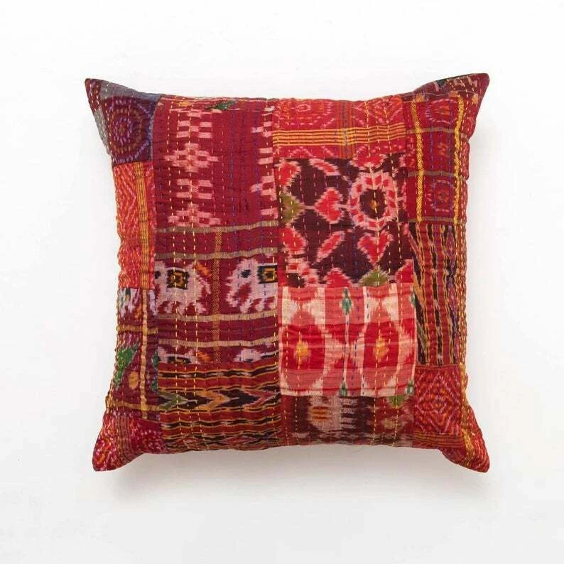 Silk Patola Patchwork Indian Handmade Queen Cotton Kantha Quilt Throw Bedspread - Image 4 of 4