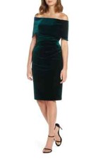 VINCE CAMUTO Hunter Green Velvet Illusion V-Neck Ruched Off Shoulder Dress 2 XS